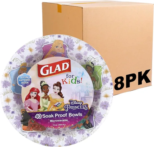 Vista 7 de Glad para Niños Cuencos de Papel Desechables de Princesa Disney, Tapas No Incluidas, Marcos Florales - Resistentes, Aptos para Microondas, Vasos