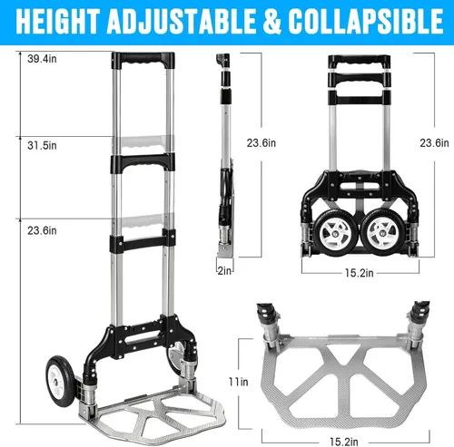 Vista 7 de Carro de mano plegable de aluminio, carrito de mano plegable de aluminio, carrito de equipaje con capacidad máxima de 175 libras, con mango