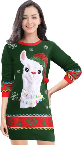 Vista 2 de v28 Vestido feo tipo suéter de Navidad para mujer, tejido, con divertido diseño de renos.