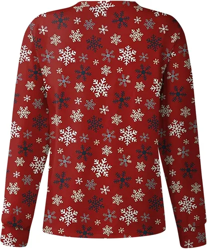 Vista 2 de Chamarras de enfermera de Navidad, manga larga, talla grande, divertidas, con estampado de Papá Noel, con bolsillos