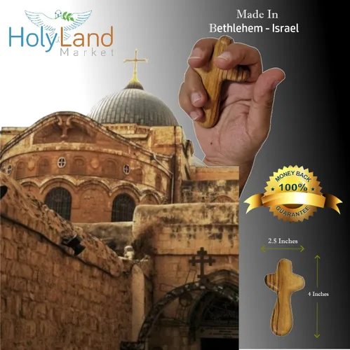 Vista 8 de Holy Land Market Cruz de comodidad/sujeción también conocida como cruz de palma o mano con bolsa de terciopelo y dos certificados (4 pulgadas) (1)