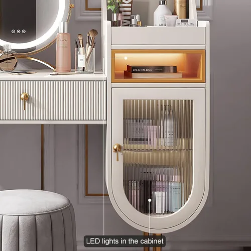 Vista 4 de Tocador con espejo de luces LED, brillo ajustable de luz de 3 colores, mesa de maquillaje con armario y cajón de almacenamiento, taburete acolchado