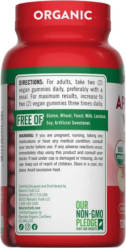 Vista 7 de Nature's Truth Gomitas orgánicas de vinagre de sidra de manzana 120 unidades Suplemento vegano, sin gluten y sin OMG USDA Orgánico Sabor a