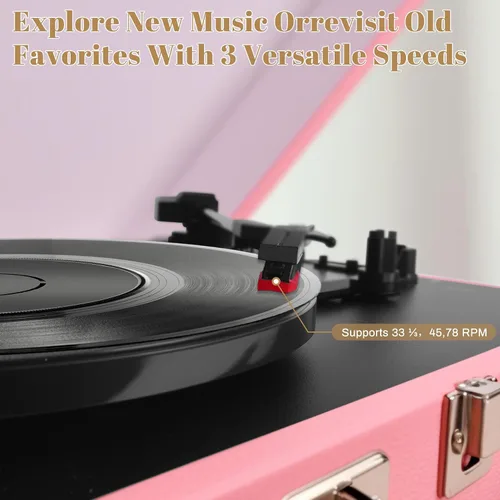Vista 3 de Vintage Suitcase - Tocadiscos portátil Bluetooth de 3 velocidades con altavoces integrados, para discos de vinilo de 7/10/12 pulgadas (rosa)