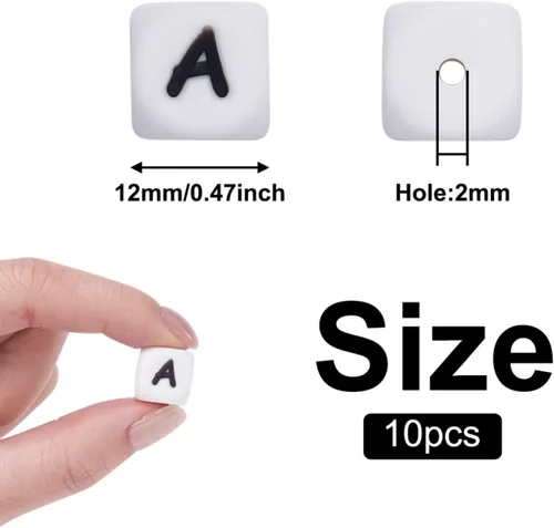 Vista 6 de Mega Pet 10 cuentas de silicona en forma de cubo de silicona con la letra A, cuentas sueltas del alfabeto, cuentas del alfabeto, de 0.472 x 0.472 x