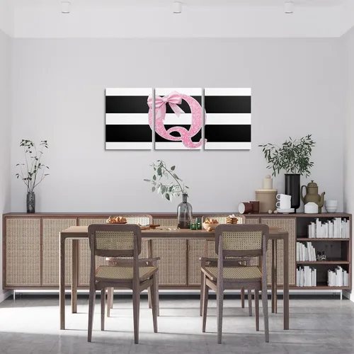 Vista 3 de Erosebridal Lienzo decorativo con monograma de 12 x 16 pulgadas, diseño de letra inicial de lazo rosa, decoración de pared, rayas blancas y negras