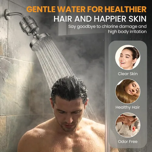 Vista 3 de Cabezal de ducha filtrado para agua dura – Lujoso filtro de ducha de alta presión de 25 etapas con cabezal de ducha de acero inoxidable real