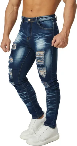 Vista 2 de HUNGSON Pantalones de mezclilla ajustados rasgados para hombre