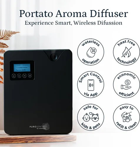Vista 3 de Puro Sentido By: Scentrade, Difusor Portato, Difusor de aromaterapia con tecnología Difusor de aceite esencial silencioso y sin agua, máquina