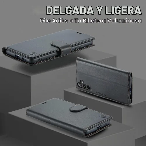 Vista 6 de FLIPALM Funda tipo cartera para Samsung Galaxy S25 Plus/S25+, con bloqueo RFID para tarjeta de crédito, cubierta protectora de cuero PU con patas