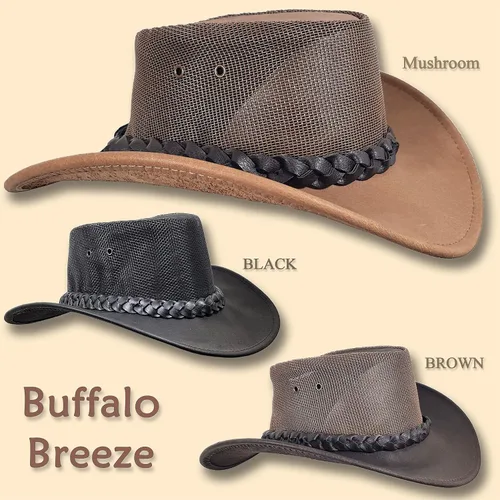 Vista 5 de Oztrala Sombrero de cuero de búfalo australiano Outback Western Cowboy Mesh para hombres y mujeres niños Jacaru negro, marrón tostado HLBS HLBB