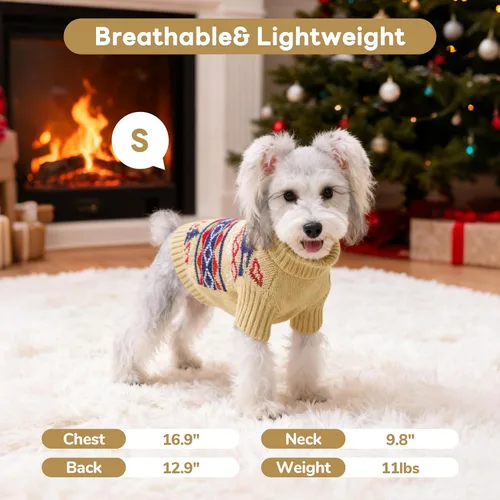 Vista 5 de PUMYPOREITY Suéter de vacaciones para perro, acogedor suéter de invierno, ajuste elástico, cuello alto, tema de Navidad para perros pequeños y Caqui