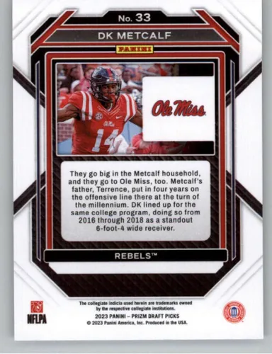 Vista 2 de Panini Prizm Draft Picks #33 DK Metcalf Ole Miss Rebels - Tarjeta oficial de fútbol de la NCAA de 2023 en estado crudo (NM o mejor)