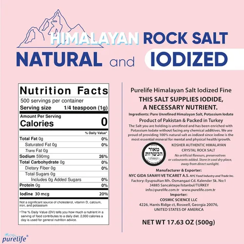 Vista 2 de Purelife Sal del Himalaya rosa yodada fina natural certificada Kosher – Sal sin refinar 1.1 libras y sal del Himalaya Purelife blanca gruesa Kosher
