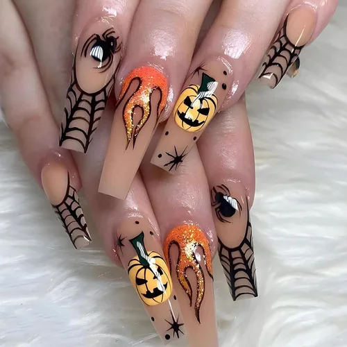 Vista 12 de Uñas postizas largas a presión para Halloween, uñas postizas largas en forma de ataúd, negro y rojo, brillantes, diseño de gota de sangre de terror