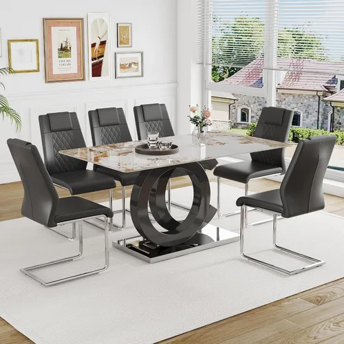 Vista 23 de Ebullient Juego de Mesa de Comedor Moderno para 4, Juego de 5 Piezas de Mesa de Comedor y Sillas para 4, Tablero de Mesa de Mármol PDLB y Base