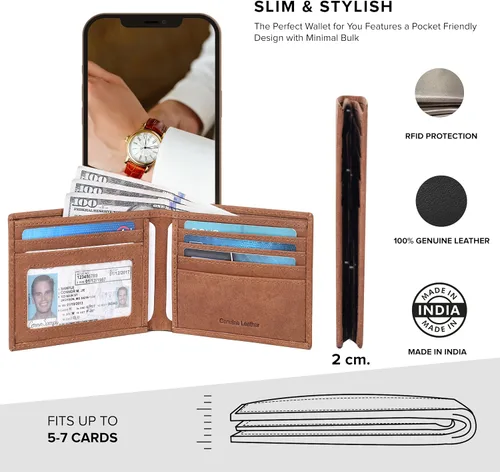 Vista 8 de Cartera delgada de cuero para hombre, bloqueo RFID, bolsillo frontal minimalista, delgada y elegante con ventana de identificación, regalo
