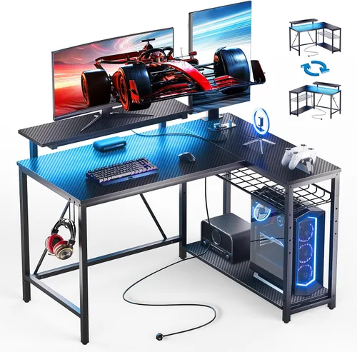Vista 3 de Bestier - Escritorio de juegos con tomas de corriente, escritorio para computadora de 42 pulgadas en forma de L con luces LED, escritorio con Negro