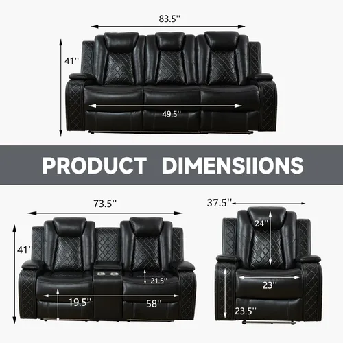 Vista 4 de Sillón reclinable eléctrico para sala de estar, silla reclinable de cuero con LED/almacenamiento, muebles reclinables de 1 plaza, sofá de cuero Negro