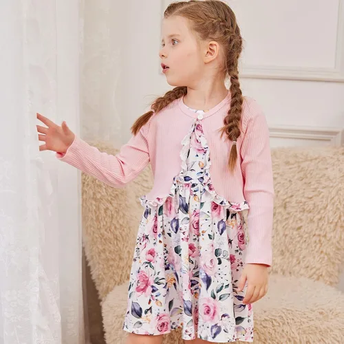Vista 3 de PATPAT Conjunto de 2 piezas para niñas pequeñas, de manga larga, con estampado de flora y cárdigan