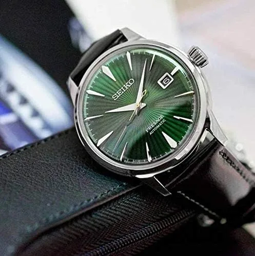 Vista 2 de SEIKO Mens PRESAGE 'Mockingbird' Cocktail Dial verde con reloj de cuero marrón SRPD37J1, Blanco, Moderno