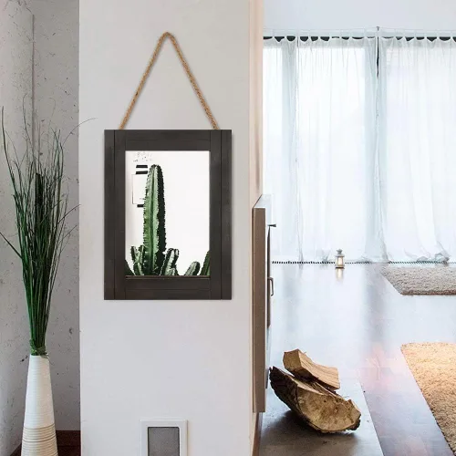 Vista 6 de Espejo de pared rectangular para baño, decoración de madera blanca envejecida con cuerda para colgar para decoración rústica del hogar, tocador