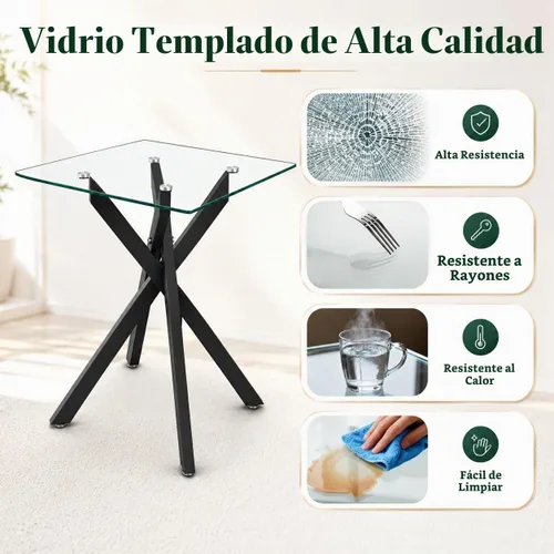 Vista 6 de Mesa auxiliar moderna de cristal, mesa auxiliar cuadrada para sofá, mesa auxiliar negra con parte superior de vidrio templado transparente y patas