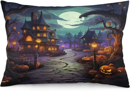 Vista 13 de Fundas de almohada frescas de casa embrujada, castillo, luna, bosque medieval, calabaza, fundas de almohada rectangulares con cremallera invisible