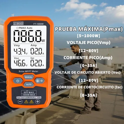 Vista 4 de ZIBOO Probador de panel solar FT-1000W Medidor MPPT - 1000W de potencia máxima, 80V/35A Probador de módulo fotovoltaico para Voc/Isc, voltaje