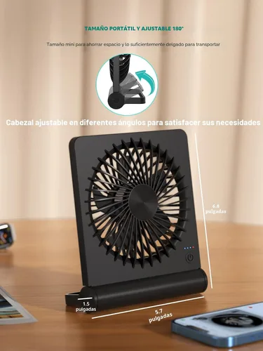 Vista 4 de Ventilador de escritorio pequeño, ventilador USB recargable con pilas, ultra silencioso, viento fuerte, ventiladores de viaje de 3 velocidades