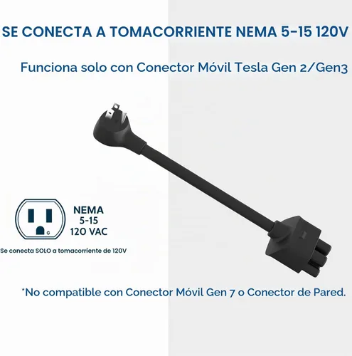 Vista 2 de Adaptador premium para cargador móvil Tesla Gen 2 Conecte a una toma de corriente de 240 V Carga de 12 amperios 10 pulgadas de longitud