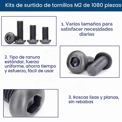 Vista 6 de Kit surtido de tornillos M2 de 1080 piezas, tornillos M2 M2x4/6/8/10/12/16/20/0.984 in, tornillos M2 de cabeza de botón hexagonal métrica de acero