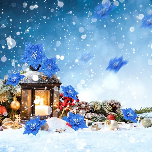 Vista 4 de Boao 24 piezas de flores de Pascua artificiales con purpurina, flores de Pascua para decoración de boda, árbol de Navidad, 3/4/6 pulgadas (azul)