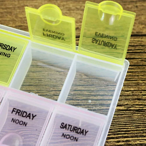 Vista 3 de INVODA Pastillero semanal de 7 días con recordatorio de medicamentos, organizador de píldoras, mañana, mediodía, noche, diario, 21 compartimentos
