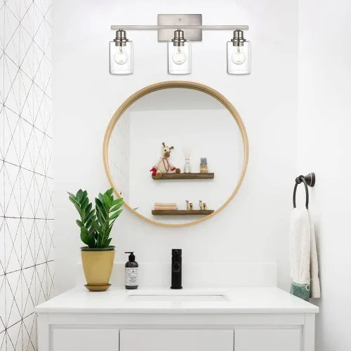 Vista 2 de Lámpara de pared de 3 luces de níquel cepillado de metal, lámpara de tocador de interior con pantalla de vidrio transparente, accesorios