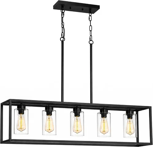Vista 6 de Lámpara de comedor negra de 5 luces, candelabros modernos de granja, iluminación rectangular lineal para isla de cocina, iluminación colgante