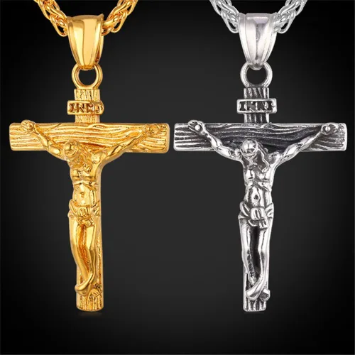 Vista 6 de U7 Men Crucifix Cross Pendant with Chain Baptism Christian Jewelry Stainless Steel18K Gold Antique Jesus Necklace Gift PackedLength 22