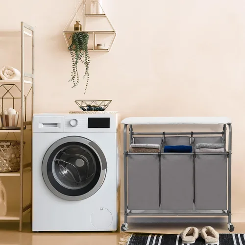 Vista 2 de STORAGE MANIAC - Clasificador de lavandería de 3 secciones con tabla de planchar plegable, carrito de lavandería resistente con ruedas y bolsas
