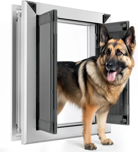 Vista 9 de 【PATAPLUS】 Puerta grande de aluminio para perros estilo francés, solapas magnéticas dobles resistentes, con túnel telescópico de aluminio, puerta