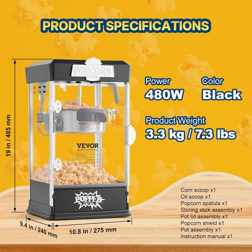 Vista 7 de VEVOR Máquina para hacer palomitas de maíz, máquina procesadora de palomitas de 480 W, hervidor de 4 onzas que hace 1.5 galones por lote, máquina