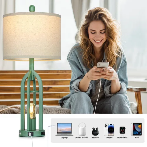 Vista 3 de Cinyirong Lámpara costera de 27 pulgadas de alto, retro verde, lámparas vintage para mesita de noche con USB C+A y toma de CA, lámparas de mesa