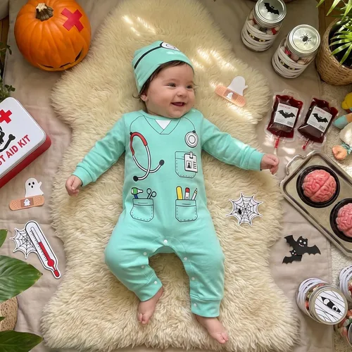 Vista 3 de Baby Halloween Costumes Long Sleeve Romper with Hat 0-24M Green