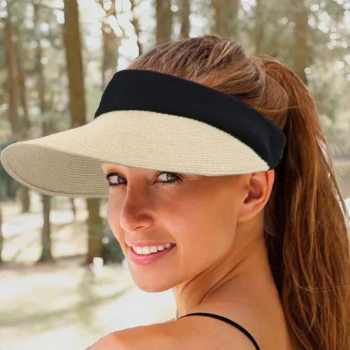 Vista 7 de Sombrero de paja para mujer, visera ancha, protección UV, gorra de playa, plegable, estilo coreano