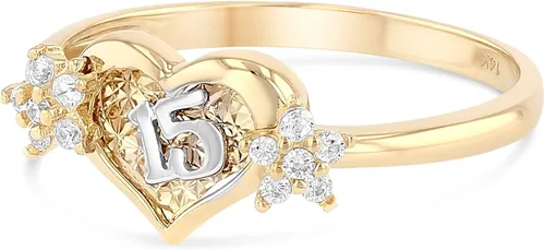 Vista 2 de Ioka - Anillo de quinceañera de oro amarillo macizo de 15 años de cumpleaños con circonita cúbica