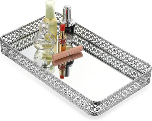 Vista 14 de ELLDOO - Bandeja negra para perfumes y maquillaje, bandeja de joyería con talla hueca, organizador de vidrio y metal para baratijas para cómoda
