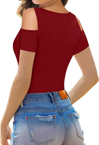 Vista 3 de HERLOLLYCHIPS Camisetas de verano para mujer, cuello en V profundo, manga corta y larga, hombros descubiertos, ajustadas, casuales, sexys