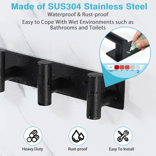 Vista 3 de Alise - Perchero negro para sombreros y abrigos con 3 ganchos para montaje en pared Self Adhesive or Wall Drilling,Wall Hooks for Hanging Robes