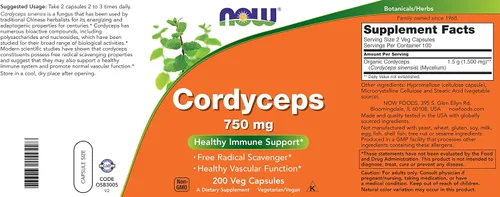 Vista 4 de NOW Foods Cordyceps 750mg 200 cápsulas vegetales – Hongo micelio Cordycep Sinensis orgánico en cápsulas no orgánicas – Vegano, sin OMG