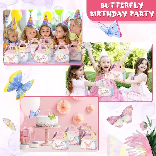 Vista 5 de Nezyo - 12 cajas de regalo de fiesta de mariposa, cajas de regalo de dulces de papel floral rosa morado a dos aguas con mango de mariposa