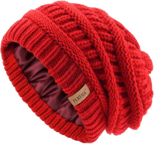 Vista 42 de FURTALK Gorro de invierno para mujer, con forro de satén, tejido trenzado, grueso, holgado, gorro cálido